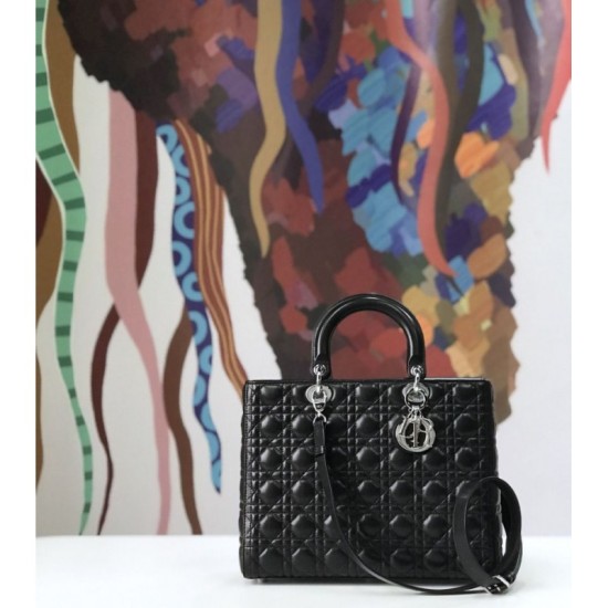 Replica Christian Dior Large Lady Dior Supple Tote Bag M0584 Black Silver Fake Christian Dior Large Lady Dior Supple Tote Bag M0584 Black Silver Replica