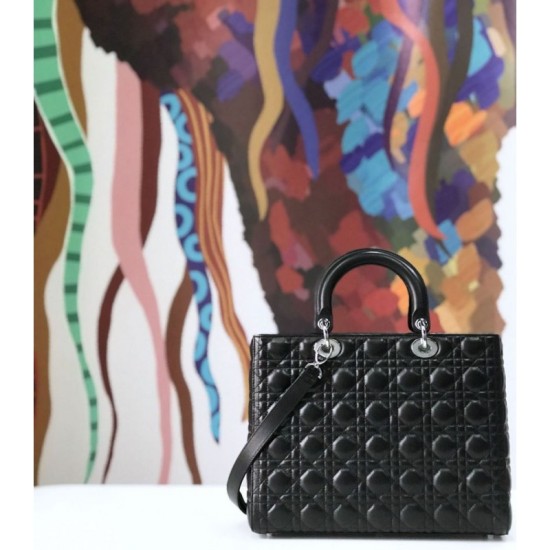 Replica Christian Dior Large Lady Dior Supple Tote Bag M0584 Black Silver Fake Christian Dior Large Lady Dior Supple Tote Bag M0584 Black Silver Replica