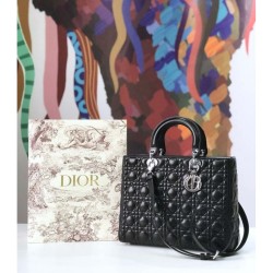 Fake Christian Dior Large Lady Dior Supple Tote Bag M0584 Black Silver Replica