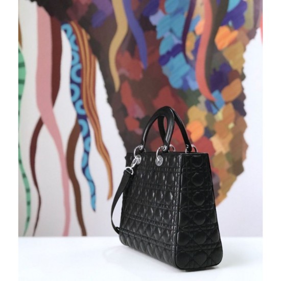 Replica Christian Dior Large Lady Dior Supple Tote Bag M0584 Black Silver Fake Christian Dior Large Lady Dior Supple Tote Bag M0584 Black Silver Replica