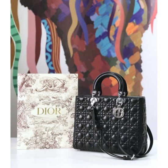 Replica Christian Dior Large Lady Dior Supple Tote Bag M0584 Black Silver Fake Christian Dior Large Lady Dior Supple Tote Bag M0584 Black Silver Replica