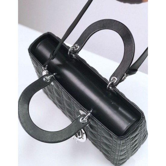 Replica Christian Dior Large Lady Dior Supple Tote Bag M0584 Black Silver Fake Christian Dior Large Lady Dior Supple Tote Bag M0584 Black Silver Replica