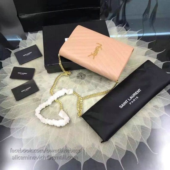 Replica Saint Laurent Chain Wallet In Apricot Grain De Poudre Textured Matelasse Leather 377828
