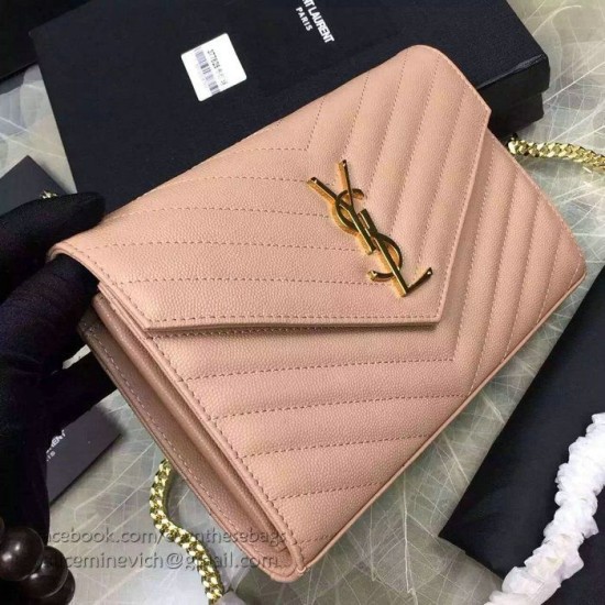 Replica Saint Laurent Chain Wallet In Apricot Grain De Poudre Textured Matelasse Leather 377828