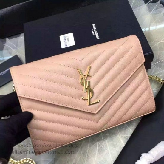 Replica Saint Laurent Chain Wallet In Apricot Grain De Poudre Textured Matelasse Leather 377828