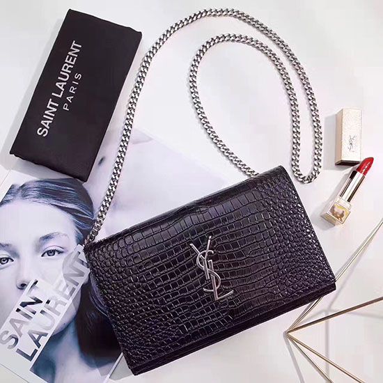 Fake Saint Laurent Chain Wallet in Black Crocodile Embossed Leather 377829 Replica Replica Saint Laurent Chain Wallet in Black Crocodile Embossed Leather 377829