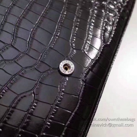 Fake Saint Laurent Chain Wallet in Black Crocodile Embossed Leather 377829 Replica Replica Saint Laurent Chain Wallet in Black Crocodile Embossed Leather 377829