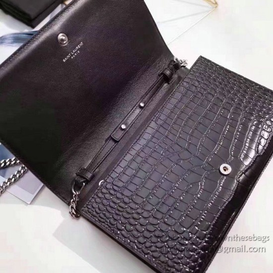 Fake Saint Laurent Chain Wallet in Black Crocodile Embossed Leather 377829 Replica Replica Saint Laurent Chain Wallet in Black Crocodile Embossed Leather 377829