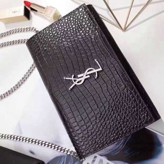 Fake Saint Laurent Chain Wallet in Black Crocodile Embossed Leather 377829 Replica Replica Saint Laurent Chain Wallet in Black Crocodile Embossed Leather 377829