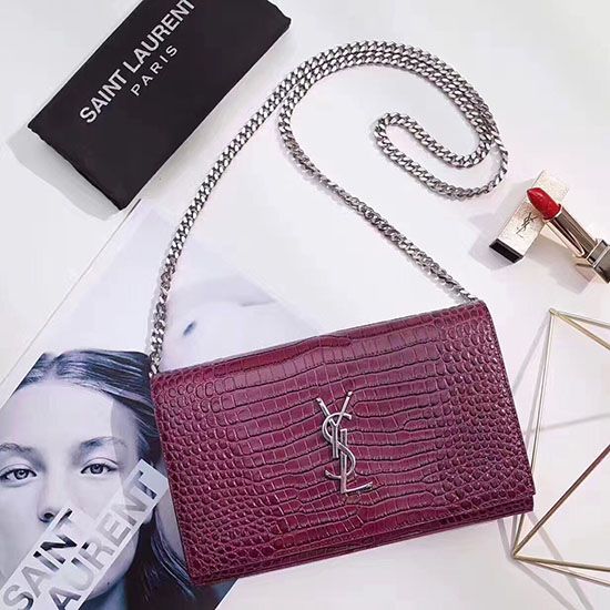 Fake Saint Laurent Chain Wallet in Burgundy Crocodile Embossed Leather 377829 Replica