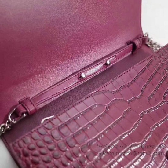Fake Saint Laurent Chain Wallet in Burgundy Crocodile Embossed Leather 377829 Replica
