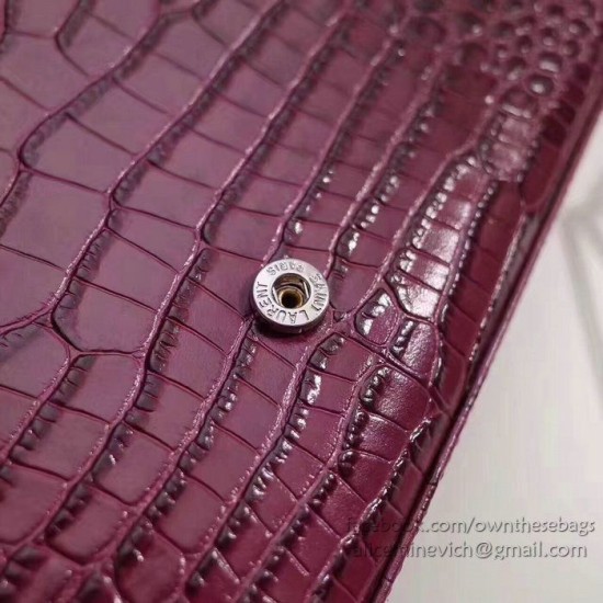 Fake Saint Laurent Chain Wallet in Burgundy Crocodile Embossed Leather 377829 Replica