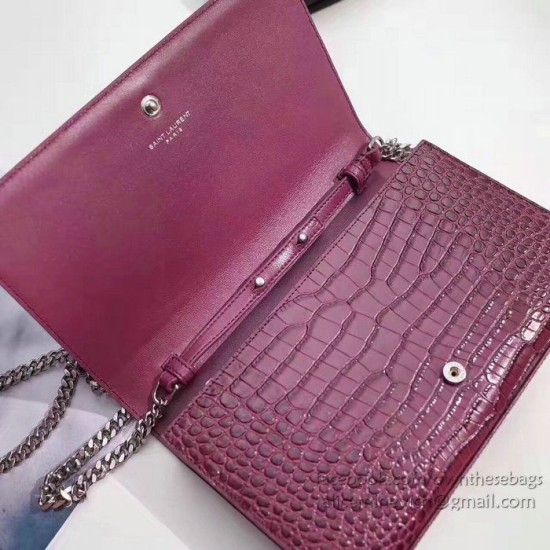Fake Saint Laurent Chain Wallet in Burgundy Crocodile Embossed Leather 377829 Replica