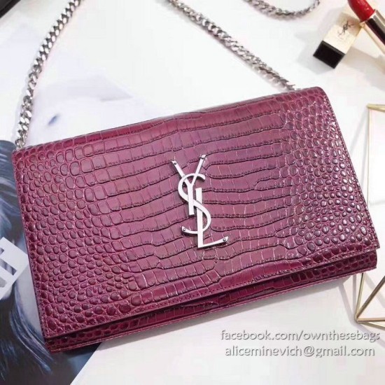 Fake Saint Laurent Chain Wallet in Burgundy Crocodile Embossed Leather 377829 Replica