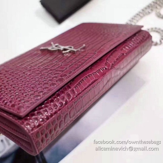 Fake Saint Laurent Chain Wallet in Burgundy Crocodile Embossed Leather 377829 Replica