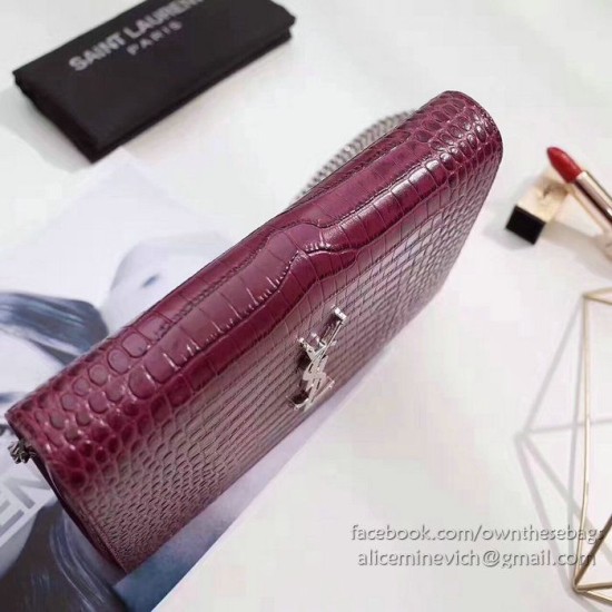 Fake Saint Laurent Chain Wallet in Burgundy Crocodile Embossed Leather 377829 Replica
