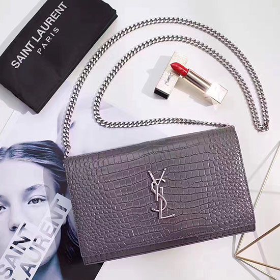 Replica Saint Laurent Chain Wallet in Grey Crocodile Embossed Leather 377829