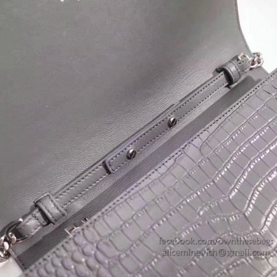 Replica Saint Laurent Chain Wallet in Grey Crocodile Embossed Leather 377829