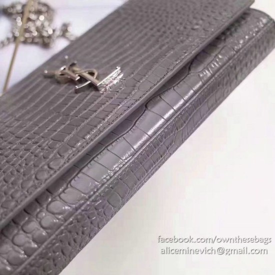 Replica Saint Laurent Chain Wallet in Grey Crocodile Embossed Leather 377829