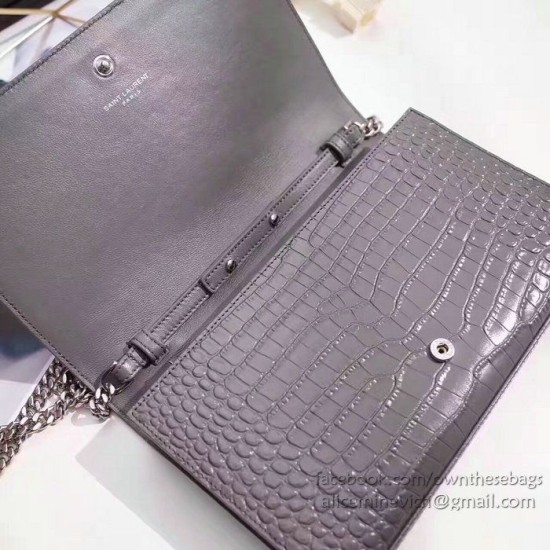 Replica Saint Laurent Chain Wallet in Grey Crocodile Embossed Leather 377829