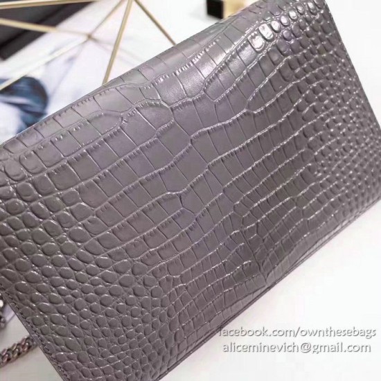 Replica Saint Laurent Chain Wallet in Grey Crocodile Embossed Leather 377829