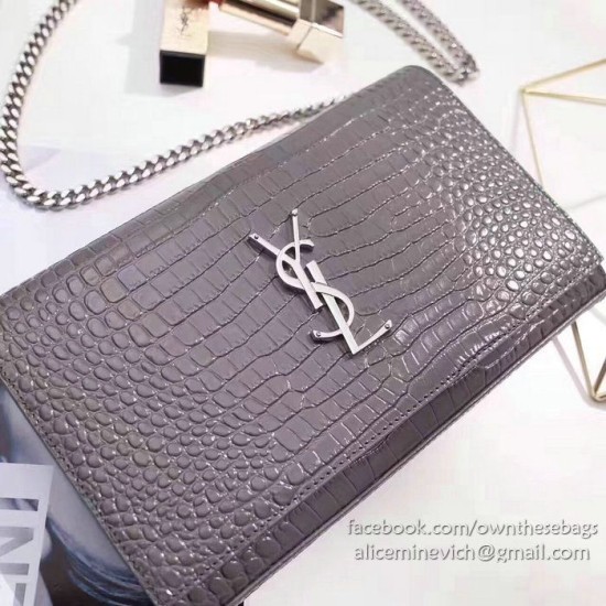 Replica Saint Laurent Chain Wallet in Grey Crocodile Embossed Leather 377829