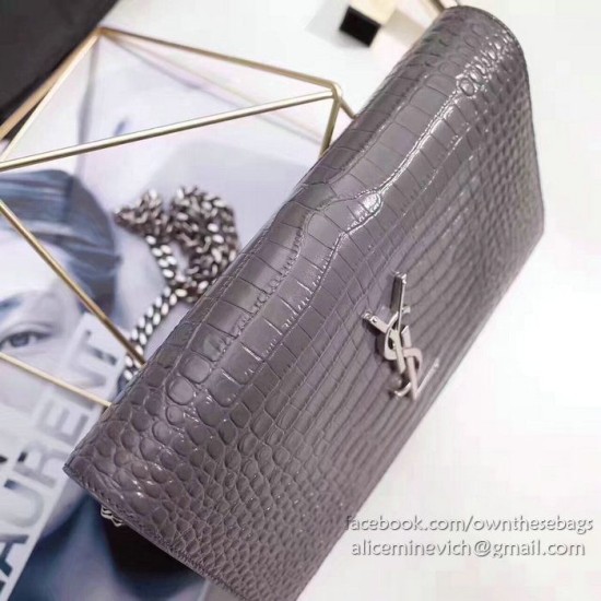 Replica Saint Laurent Chain Wallet in Grey Crocodile Embossed Leather 377829