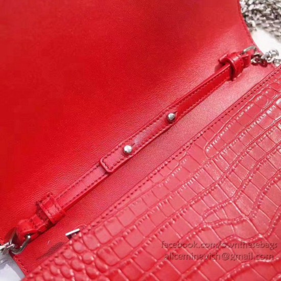 Fake Saint Laurent Chain Wallet in Red Crocodile Embossed Leather 377829 Replica