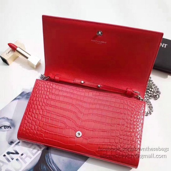 Fake Saint Laurent Chain Wallet in Red Crocodile Embossed Leather 377829 Replica