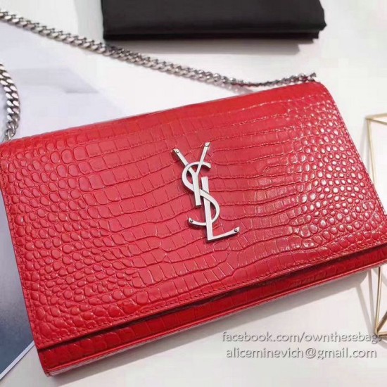 Fake Saint Laurent Chain Wallet in Red Crocodile Embossed Leather 377829 Replica
