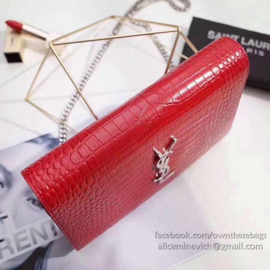 Fake Saint Laurent Chain Wallet in Red Crocodile Embossed Leather 377829 Replica