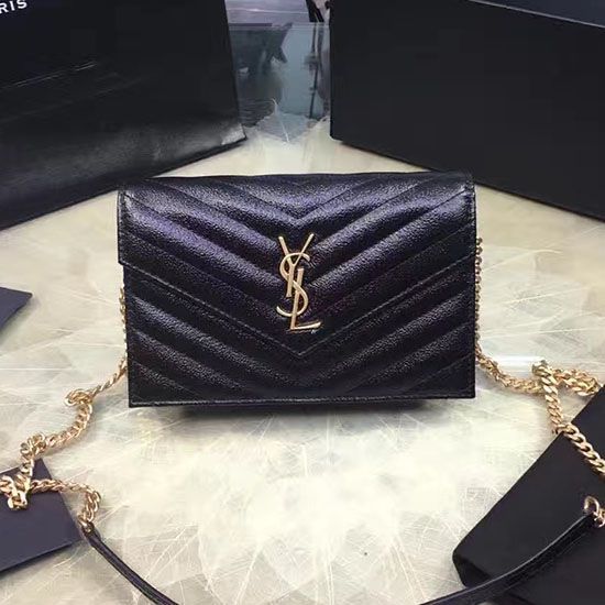 Replica Saint Laurent Envelope Chain Wallet in Black Grained Calfskin 201120