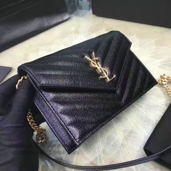 Replica Saint Laurent Envelope Chain Wallet in Black Grained Calfskin 201120