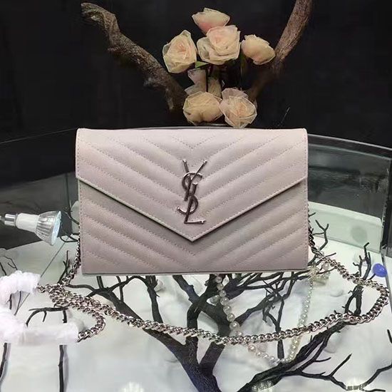 Replica Saint Laurent Light Pink Grained Matelasse Leather Chain Wallet Y221220