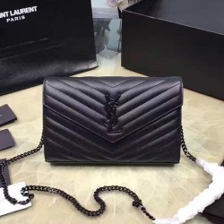 Replica Saint Laurent Monogram Medium Grained Matelasse Leather Chain Wallet Black Y121290