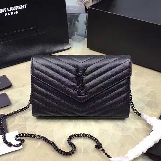 Replica Saint Laurent Monogram Medium Grained Matelasse Leather Chain Wallet Black Y121290