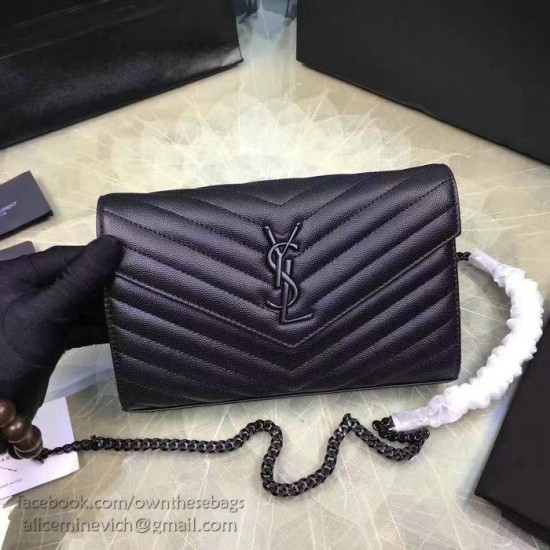 Replica Saint Laurent Monogram Medium Grained Matelasse Leather Chain Wallet Black Y121290