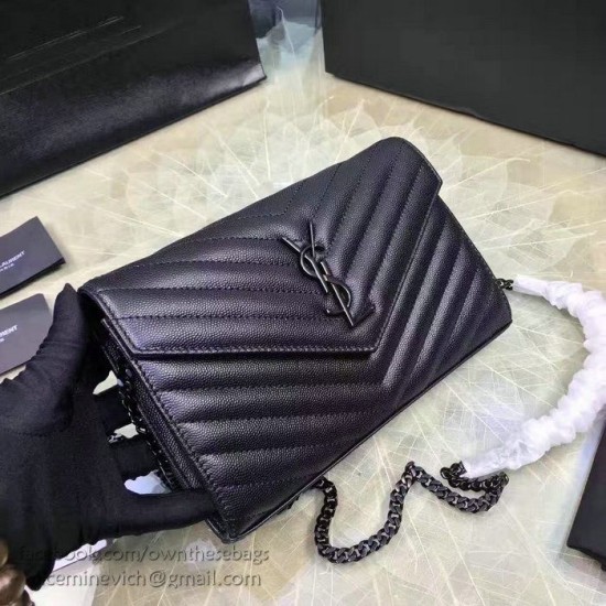 Replica Saint Laurent Monogram Medium Grained Matelasse Leather Chain Wallet Black Y121290