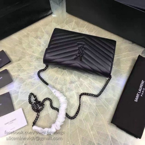 Replica Saint Laurent Monogram Medium Grained Matelasse Leather Chain Wallet Black Y121290