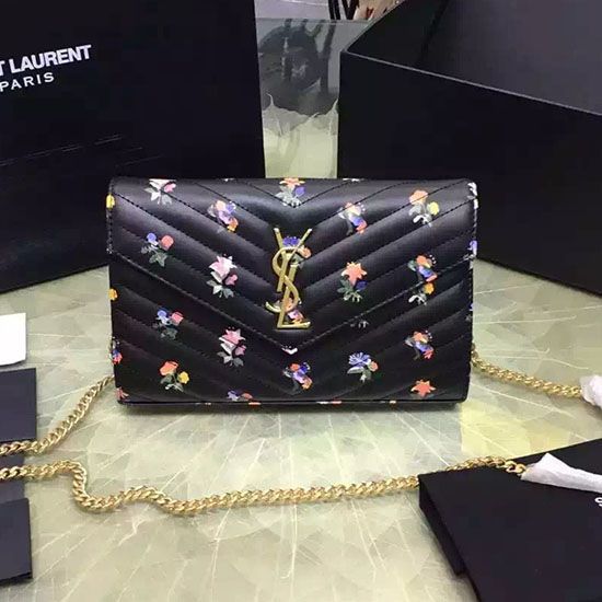 Replica Saint Laurent Monogram New Prairie Flower Chain Wallet Calfskin Leather 377828