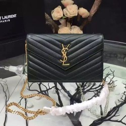 Fake YSL Saint Laurent Grained Matelasse Leather Chain Wallet Y221220 Black Replica