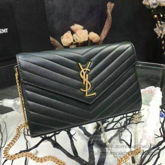 Fake YSL Saint Laurent Grained Matelasse Leather Chain Wallet Y221220 Black Replica