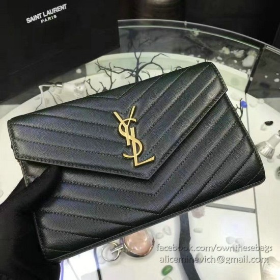 Fake YSL Saint Laurent Grained Matelasse Leather Chain Wallet Y221220 Black Replica