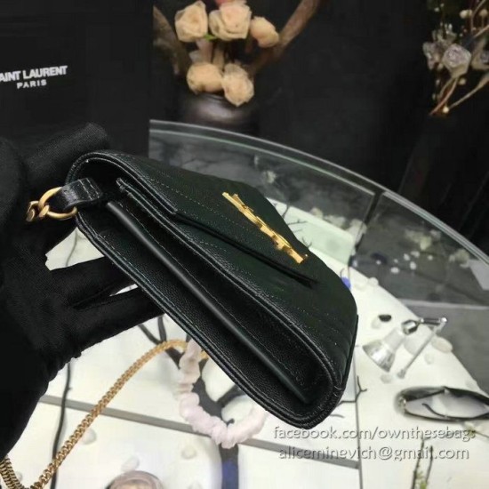 Fake YSL Saint Laurent Grained Matelasse Leather Chain Wallet Y221220 Black Replica