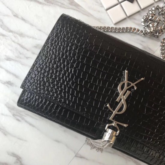 Replica YSL Saint Laurent Medium Kate Monogram Tassel Croco Leather Shoulder Bag Black Silver