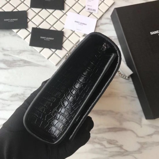 Replica YSL Saint Laurent Medium Kate Monogram Tassel Croco Leather Shoulder Bag Black Silver
