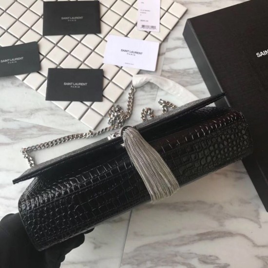 Replica YSL Saint Laurent Medium Kate Monogram Tassel Croco Leather Shoulder Bag Black Silver