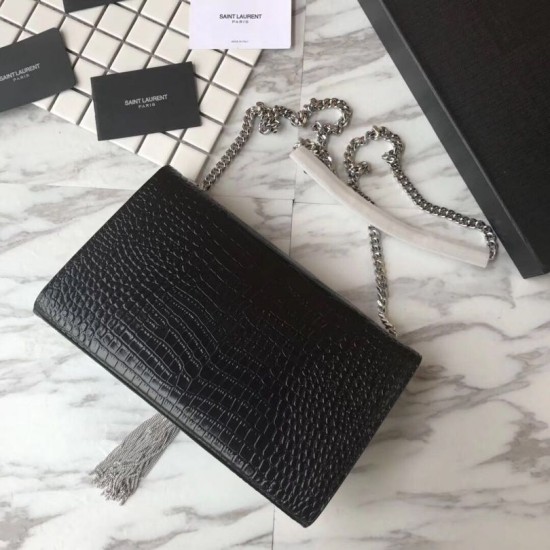 Replica YSL Saint Laurent Medium Kate Monogram Tassel Croco Leather Shoulder Bag Black Silver