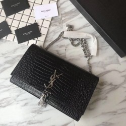 Replica YSL Saint Laurent Medium Kate Monogram Tassel Croco Leather Shoulder Bag Black Silver