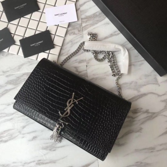 Replica YSL Saint Laurent Medium Kate Monogram Tassel Croco Leather Shoulder Bag Black Silver
